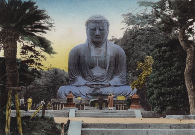 Japonia, ok. 1912: Najpiękniejszy Daibutsu lub Wielki Budda w Kamakura pochodzi z 1252 Wysokość 49 stóp i 7 cali, Pociągiem 50 minut od Jokohamy (zdjęcie) autorstwa Photographer Japanese