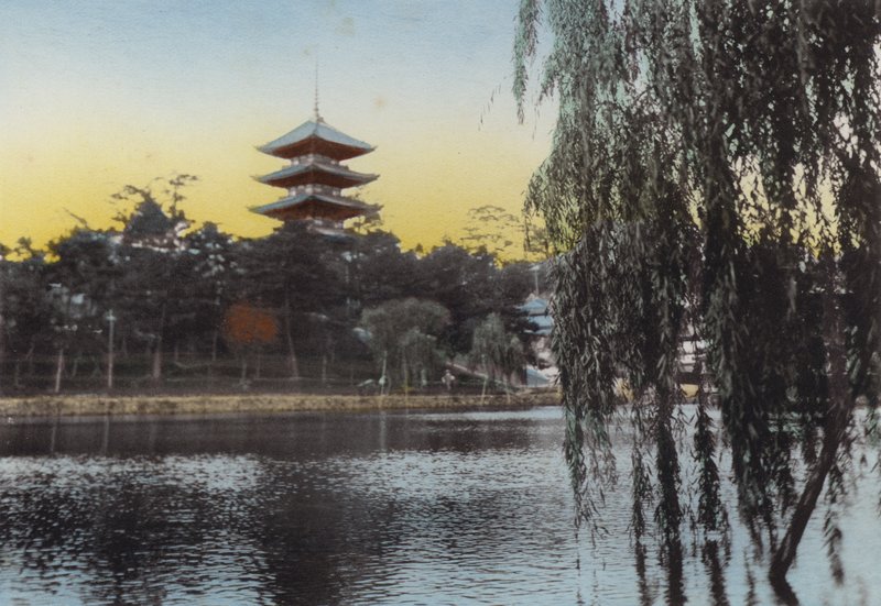 Japonia, ok. 1912: Widok Pagody w Nara ze stawu Sarusawa (zdjęcie) autorstwa Photographer Japanese