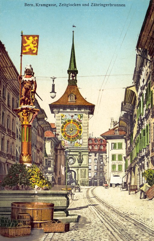 Wieża zegarowa Zytglogge i fontanna Zahringerbrunnen, Kramgasse, Berno, Szwajcaria (zdjęcie kolorowe) autorstwa Photographer Swiss