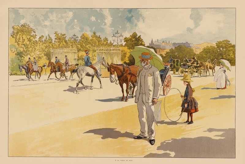 Przy bramie Bois de Boulogne, Paryż (kolorowa litografia) autorstwa Pierre Georges Jeanniot