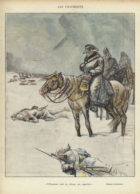Napoleon w odwrocie z Moskwy, ilustracja do Le Rire autorstwa Pierre Georges Jeanniot