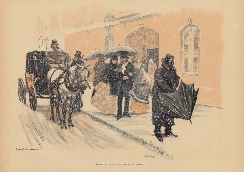 Paryżanie opuszczający bal o szóstej rano (kolorowa litografia) autorstwa Pierre Georges Jeanniot