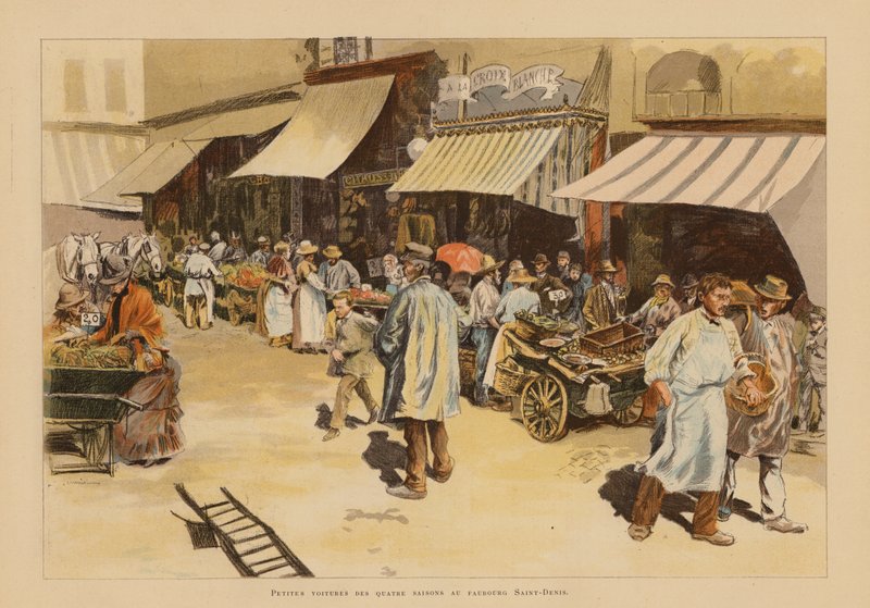 Marchandes de quatre saisons na Rue du Faubourg Saint-Denis, Paryż (kolorowa litografia) autorstwa Pierre Georges Jeanniot