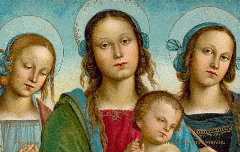 Dziewica z Dzieciątkiem między świętymi Różą i Katarzyną (chromolitografia) autorstwa Pietro (after) Perugino