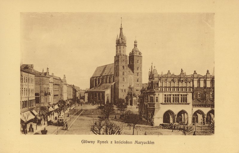 Krakow-Krakau: Glowny Rynek z kosciolem Maryackim (b/w photo) autorstwa Polish Photographer