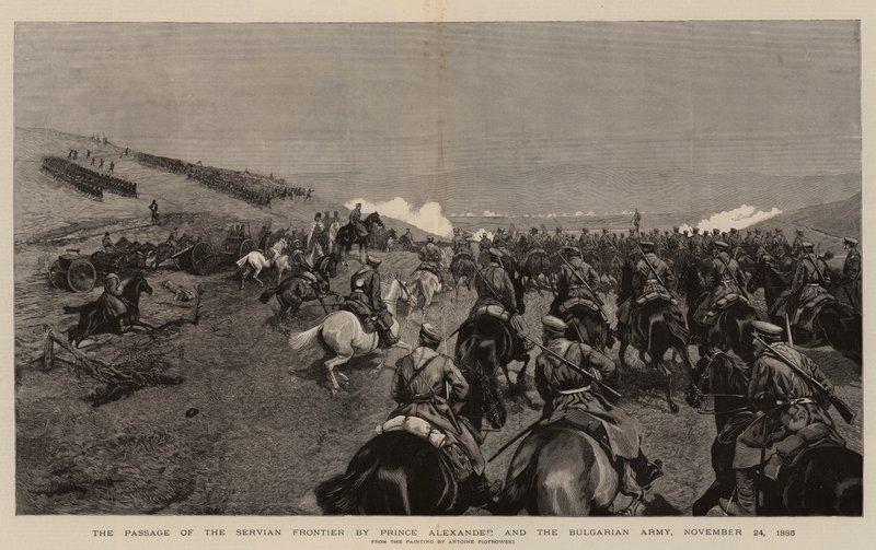 Przejście granicy serbskiej przez księcia Aleksandra i armię bułgarską, 24 listopada 1885 (rycina) autorstwa Polish School