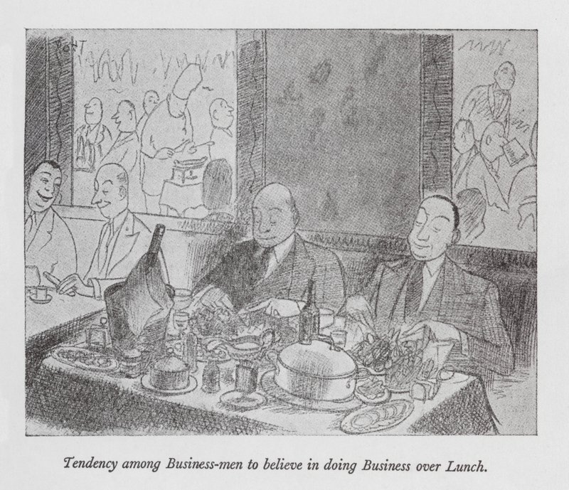 Tendencja wśród biznesmenów do robienia interesów podczas lunchu (litho) autorstwa Pont (1908 40)