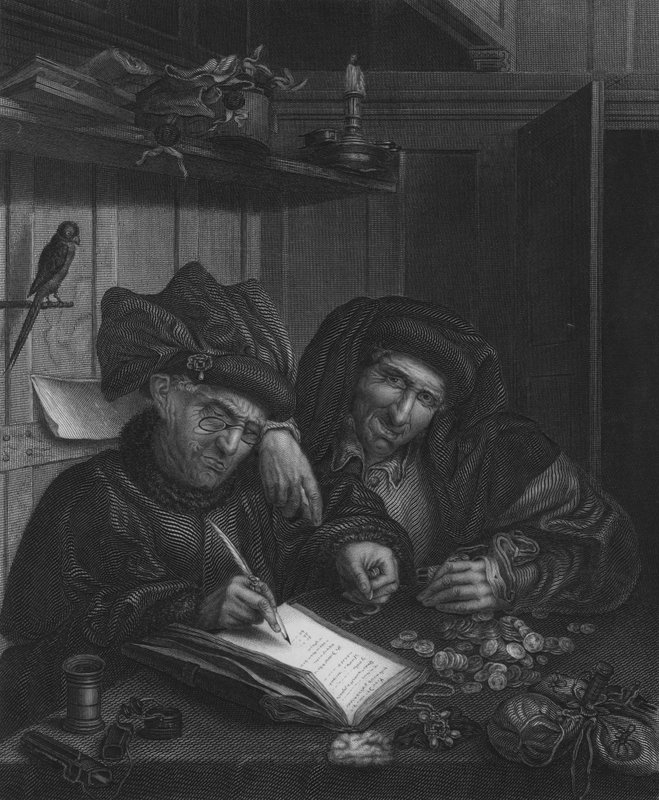 Zmieniacze pieniędzy (grawerowanie) autorstwa Quentin (after) Massys or Metsys