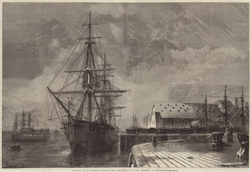 Usunięcie szczątków pana Peabody z linii kolejowej do HMS Monarch w Portsmouth autorstwa R. Dudley