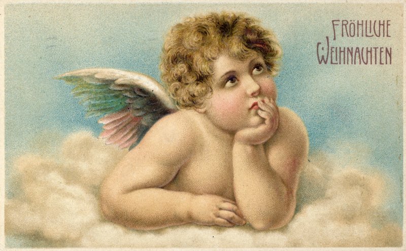 Niemiecka kartka bożonarodzeniowa z cherubinem Rafaela autorstwa Raffaello Sanzio Raphael