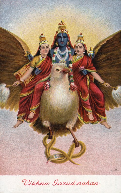 Hinduski bóg Wisznu, jadący na swoim pojeździe Garuda autorstwa Raja Ravi Varma