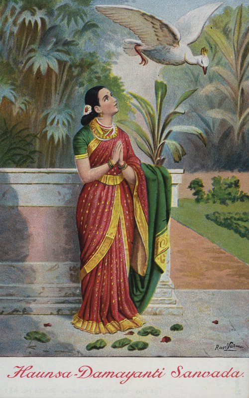 Ptak Haunsa wychwalający cnoty króla Nali Damayanti w swoim ogrodzie autorstwa Raja Ravi Varma