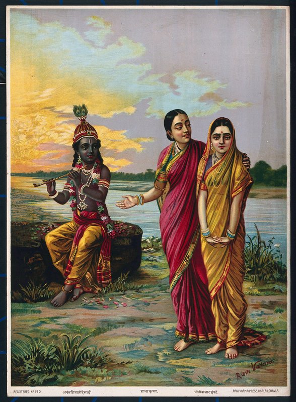 Krishna deklaruje swoją miłość do Radhy przez powiernika, po 1900 (kolor lito) autorstwa Raja Ravi Varma