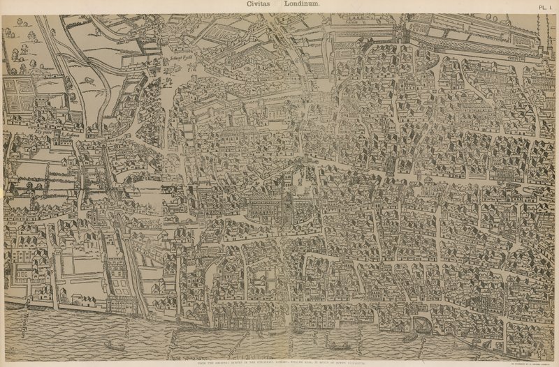Civitas Londinium, z oryginalnego badania w Guildhall Library, za panowania królowej Elżbiety autorstwa Ralph Agas