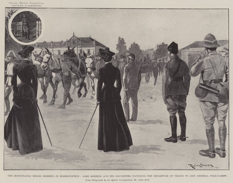 Szanowna Pani Roberts w Bloemfontein, Lord Roberts i jego córki obserwują odjazd wojsk, aby dołączyć do generała Pole-Carew autorstwa Ralph Cleaver