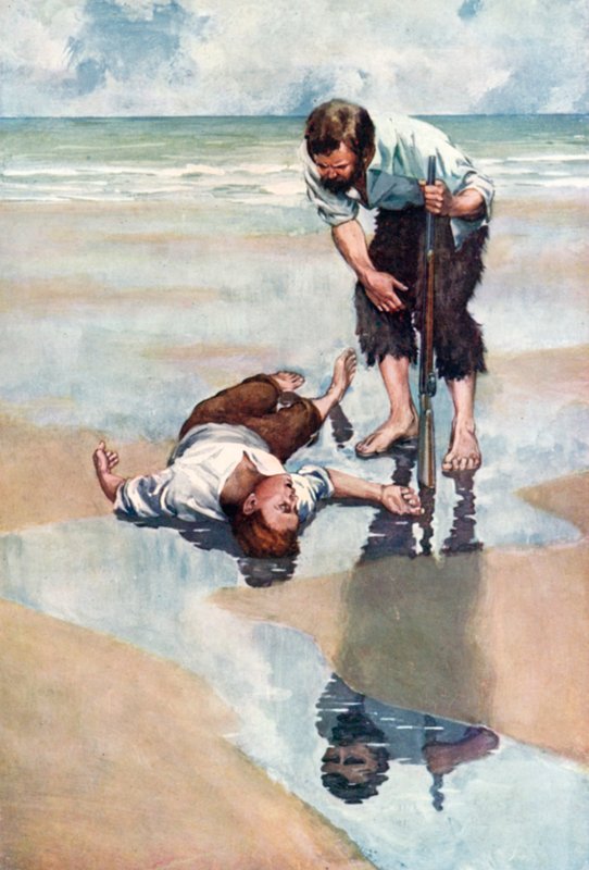 Ilustracja do Robinsona Crusoe autorstwa Daniela Defoe (litografia kolorowa) autorstwa Ralph Noel Pocock