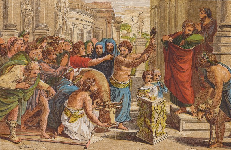 Ofiara w Lystrze (kolorowa litografia) autorstwa Raphael (1483 1520) (after)