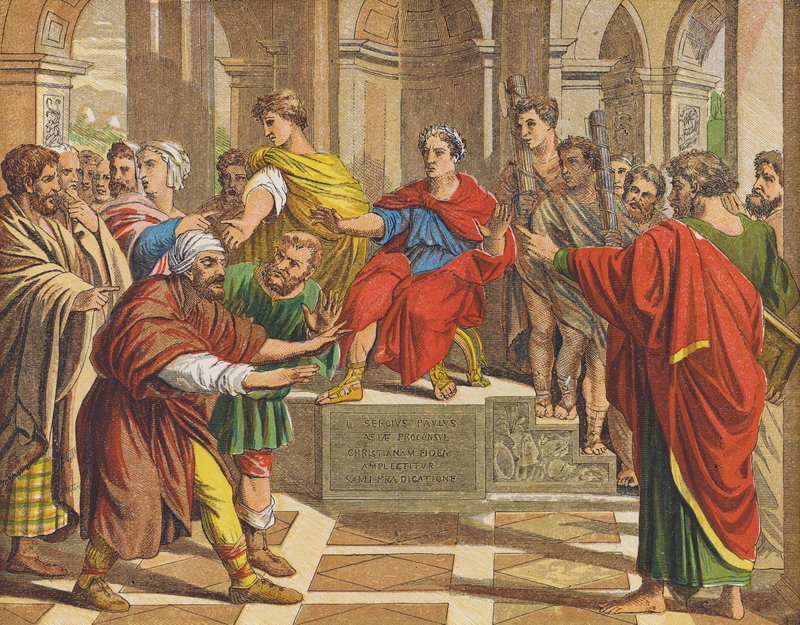 Elymas, czarownik oślepiony przed Sergiuszem Paulusem (kolorowa litografia) autorstwa Raphael (1483 1520) (after)