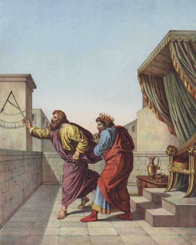 Izajasz informuje króla judzkiego Ezechiasza, że będzie żył jeszcze piętnaście lat (kolor lito) autorstwa after Raphael