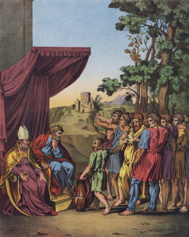 Jozue przewodniczący przydzielania ziem Kanaanu plemionom izraelskim (kolor lito) autorstwa after Raphael