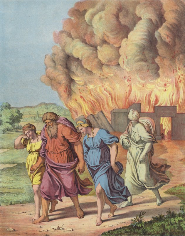 Lot i jego rodzina uciekają przed zniszczeniem Sodomy (kolor lito) autorstwa after Raphael