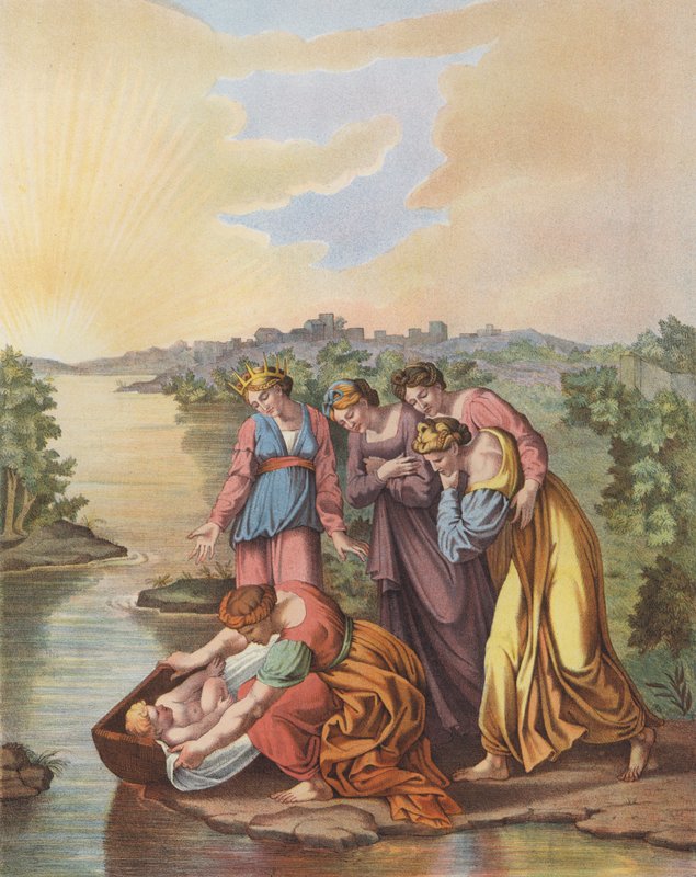 Mojżesz zostaje uratowany z wód Nilu (kolor lito) autorstwa after Raphael