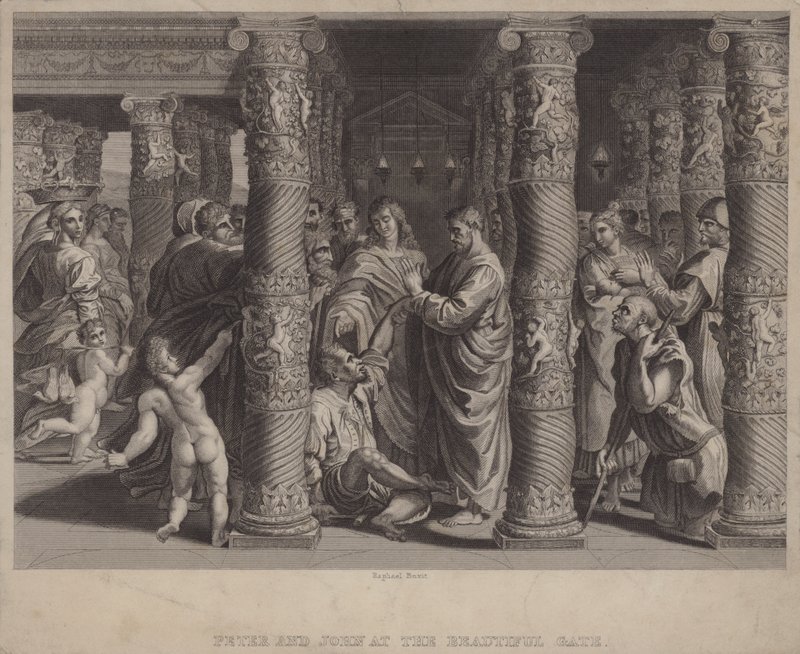 Piotr i Jan przy Pięknej Bramie (rycina) autorstwa after Raphael