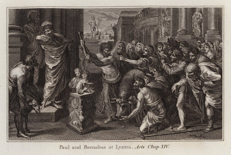 Rysunek Rafaela: Paweł i Barnaba w Listrze, Dzieje Apostolskie, rozdział XIV (rycina) autorstwa after Raphael
