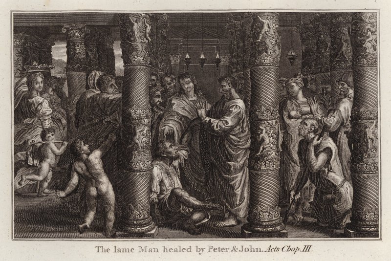 Rysunek Rafaela: Kulawy człowiek uzdrowiony przez Piotra i Jana, Dzieje Apostolskie, rozdział III (rycina) autorstwa after Raphael