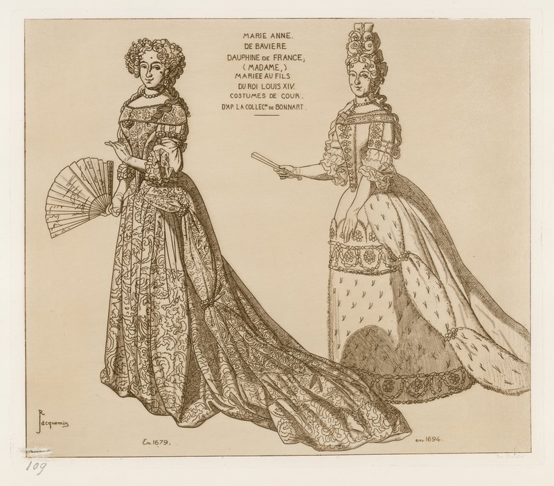 Stroje dworskie. Marie Anne de Baviere, Dauphine z Francji, poślubiła syna króla Ludwika XIV. Po grafice w kolekcji Bonnart. autorstwa Raphael Jacquemin