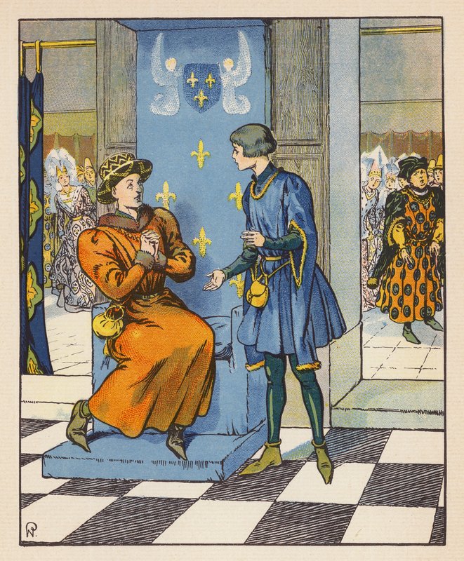 Tajna rozmowa Jeanne z Karolem VII (kolorowa litografia) autorstwa Raymond de la Neziere