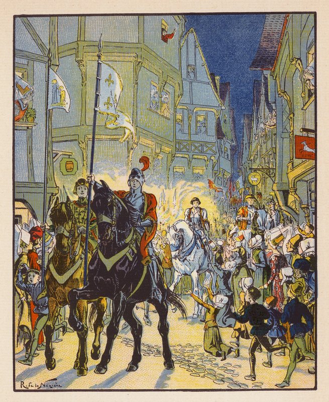 Entree De Jeanne A Orleans (kolorowa litografia) autorstwa Raymond de la Neziere