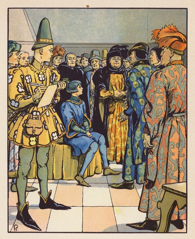 Jeanne przed doktorem teologii w Poitiers (kolorowa litografia) autorstwa Raymond de la Neziere