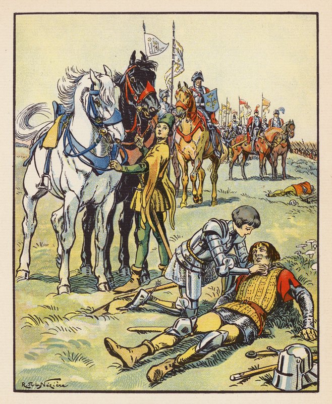 Jeanne opiekuje się rannym Anglikiem po bitwie pod Patay (kolorowa litografia) autorstwa Raymond de la Neziere