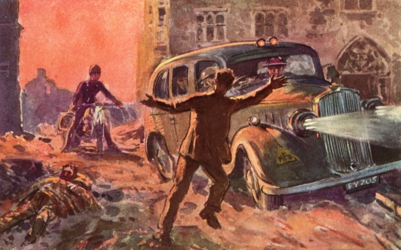 Strażacy z brytyjskiej Narodowej Straży Pożarnej z czasów wojny zaalarmowani o obecności ciężko rannej ofiary nalotu, II wojna światowa autorstwa Reginald Mills