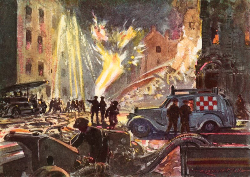 Strażacy z brytyjskiej Narodowej Straży Pożarnej z czasów wojny zajmujący się płonącą magistralą gazową podczas Blitz podczas II wojny światowej autorstwa Reginald Mills