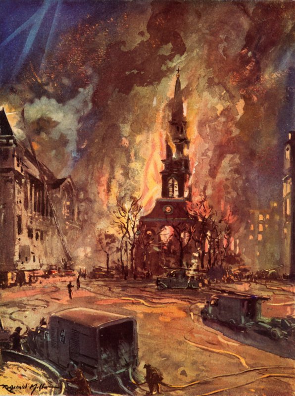 St Clement Danes Church, Strand, Londyn, płonący podczas Blitz, II wojny światowej autorstwa Reginald Mills