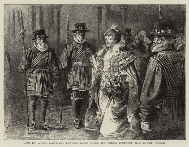 Po Salonie Jej Królewskiej Mości, Debiutantki przechodzące przez westybul Pałacu Buckingham do swoich powozów (rycina) autorstwa Reginald Thomas Cleaver