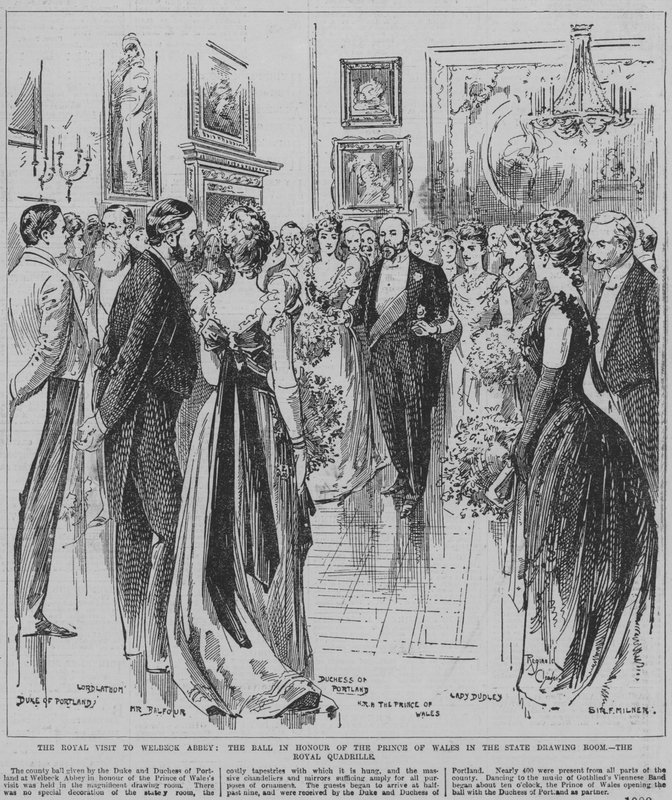 Taniec Royal Quadrille na balu wydanym na cześć księcia Walii w salonie państwowym w Welbeck Abbey, Nottinghamshire autorstwa Reginald Thomas Cleaver