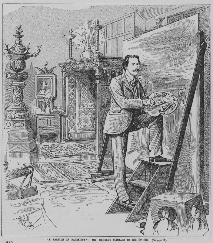 Angielski malarz prerafaelita Herbert Schmalz podczas pracy w swoim studio (rycina) autorstwa Reginald Thomas Cleaver