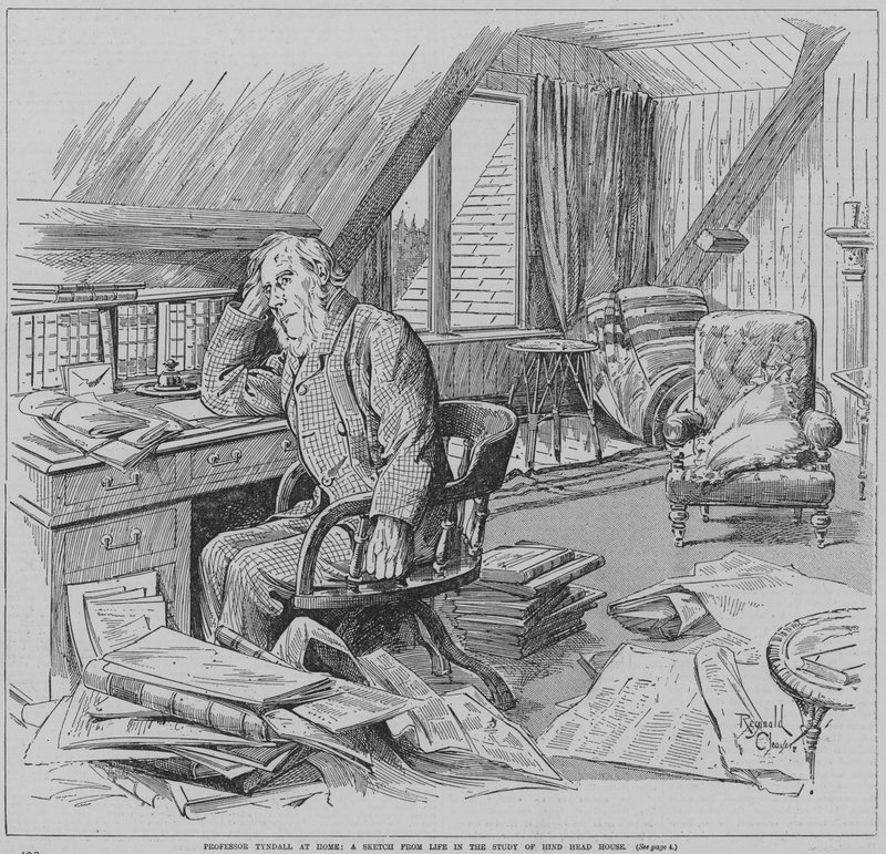 Angielski fizyk John Tyndall w gabinecie w swoim domu, Hindhead House, Haslemere, Surrey (rycina) autorstwa Reginald Thomas Cleaver