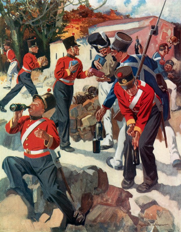 Entente Cordiale - angielskie i francuskie oddziały dzielące się prezentami podczas kampanii Wellingtona na Półwyspie Apenińskim (kolorowa litografia) autorstwa Reginald Thomas Cleaver