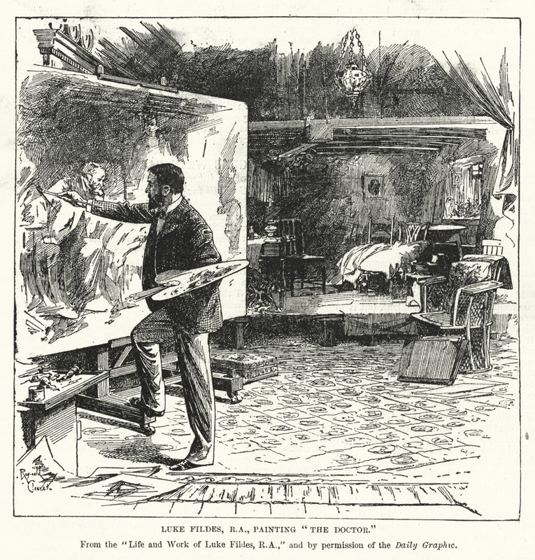 Luke Fildes, RA, malujący Doktora (litografia) autorstwa Reginald Thomas Cleaver