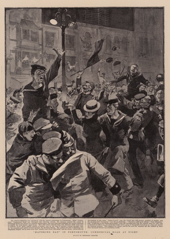 "Dzień Mafeking" w Portsmouth, Commercial Road nocą (litografia) autorstwa Reginald Thomas Cleaver