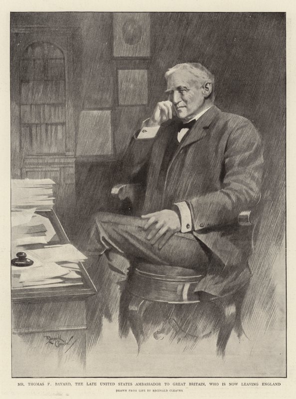 Thomas F. Bayard, nieżyjący już ambasador Stanów Zjednoczonych w Wielkiej Brytanii, który obecnie opuszcza Anglię (litografia) autorstwa Reginald Thomas Cleaver