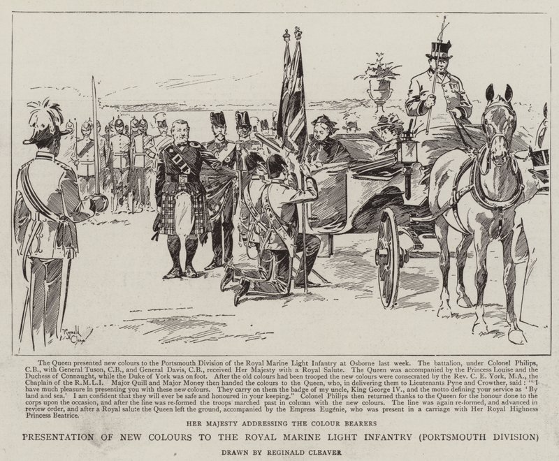 Prezentacja nowych barw dla Królewskiej Lekkiej Piechoty Morskiej, Dywizja Portsmouth (litografia) autorstwa Reginald Thomas Cleaver