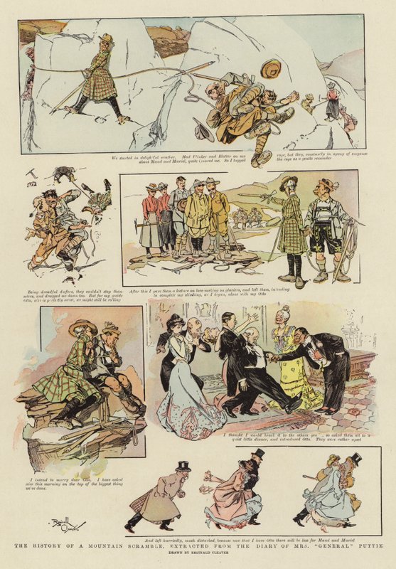 Historia górskich zmagań, wyjęta z pamiętnika pani "Generał" Puttie (kolorowa litografia) autorstwa Reginald Thomas Cleaver