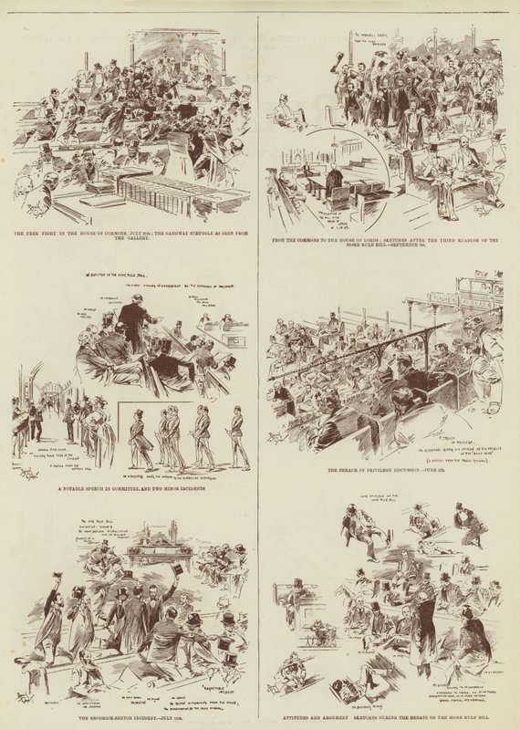 Sesja dotycząca rządów wewnętrznych, kilka szkiców "Daily Graphic" w parlamencie (rycina) autorstwa Reginald Thomas Cleaver