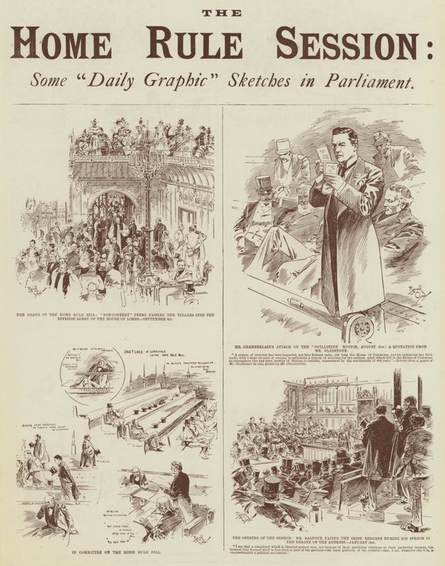 Sesja dotycząca rządów wewnętrznych, kilka szkiców "Daily Graphic" w parlamencie (rycina) autorstwa Reginald Thomas Cleaver
