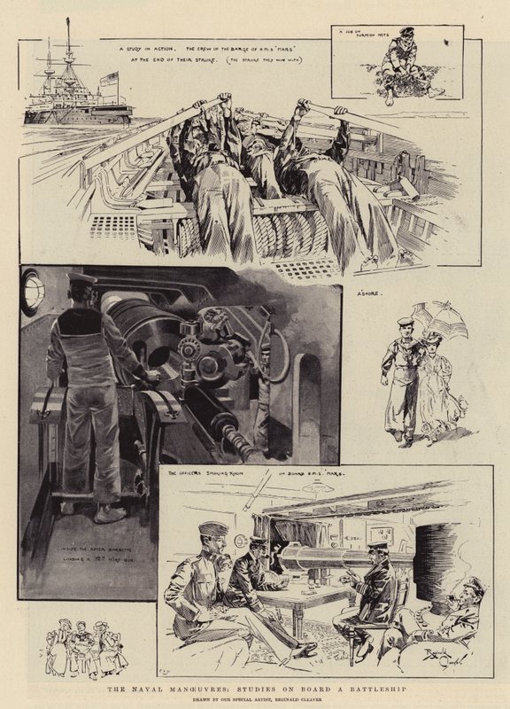 Manewry marynarki wojennej, studia na pokładzie pancernika (litografia) autorstwa Reginald Thomas Cleaver